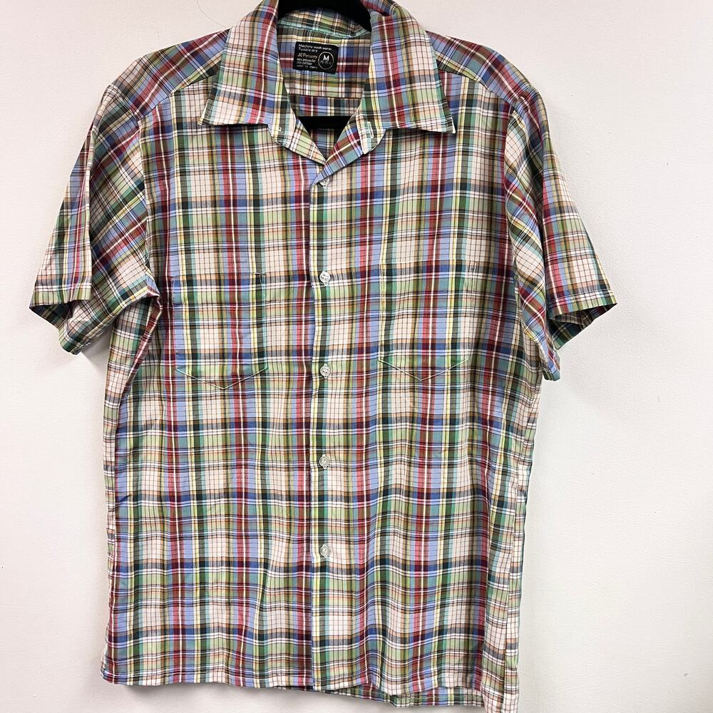 Vintage men's JC Penney short sleeve plaid button down 19790's Medium